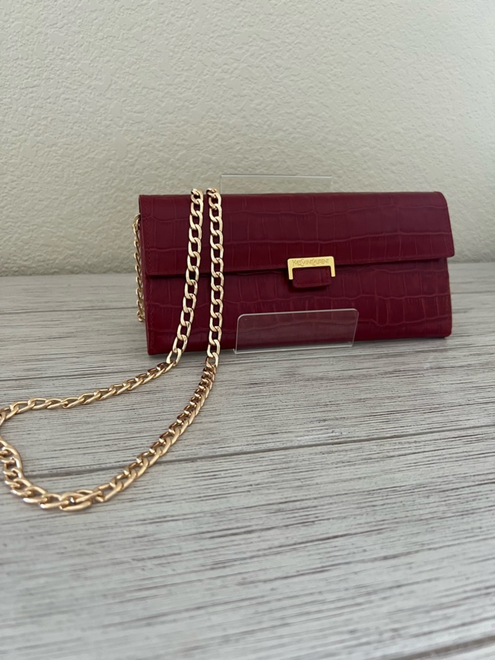 YSL Red Croc-Embossed Leather Wallet with COA and unbranded chain for WOC
